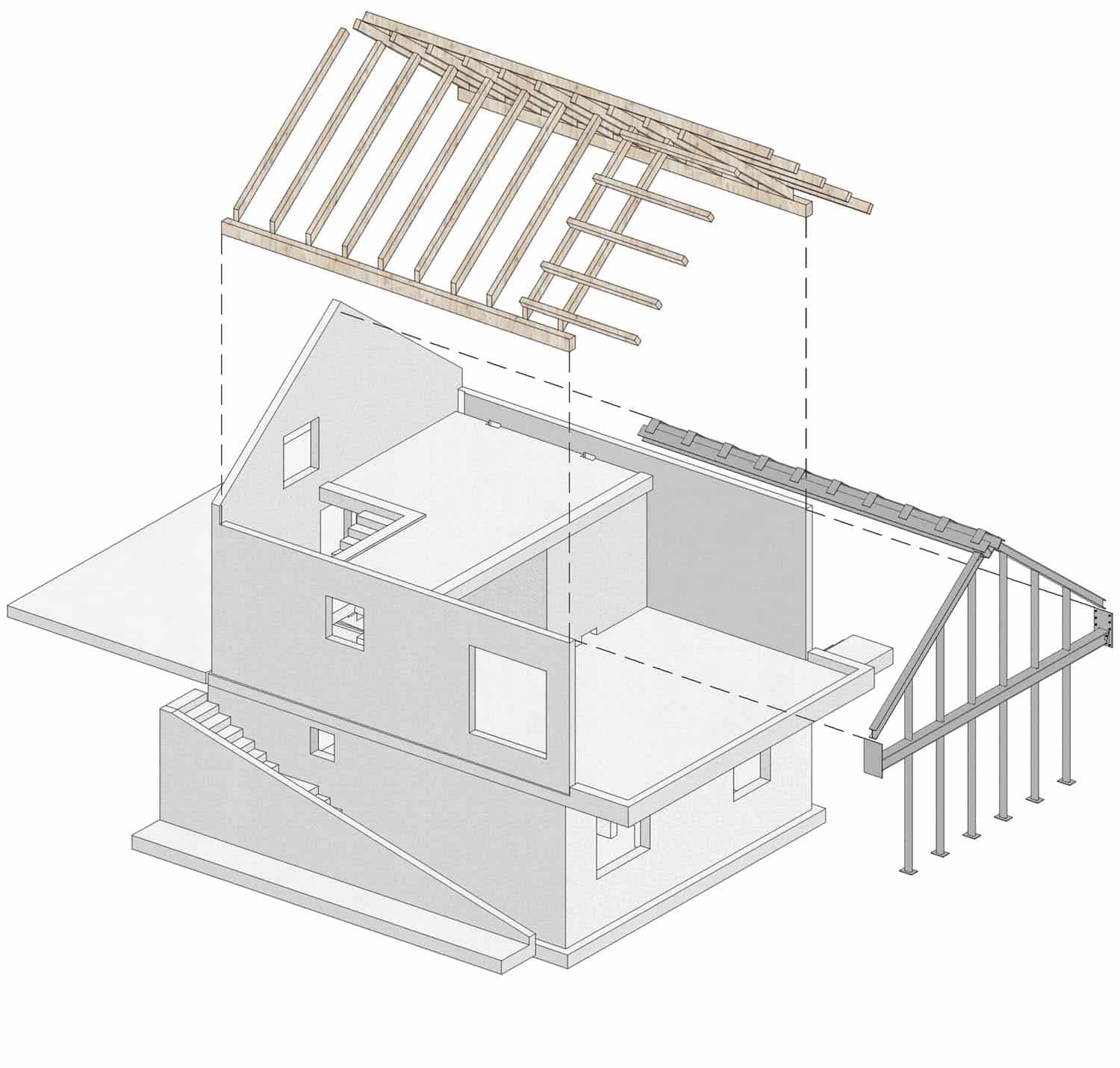 Interno zona giorno vista dalla cucina, con isola centrale e vetrata