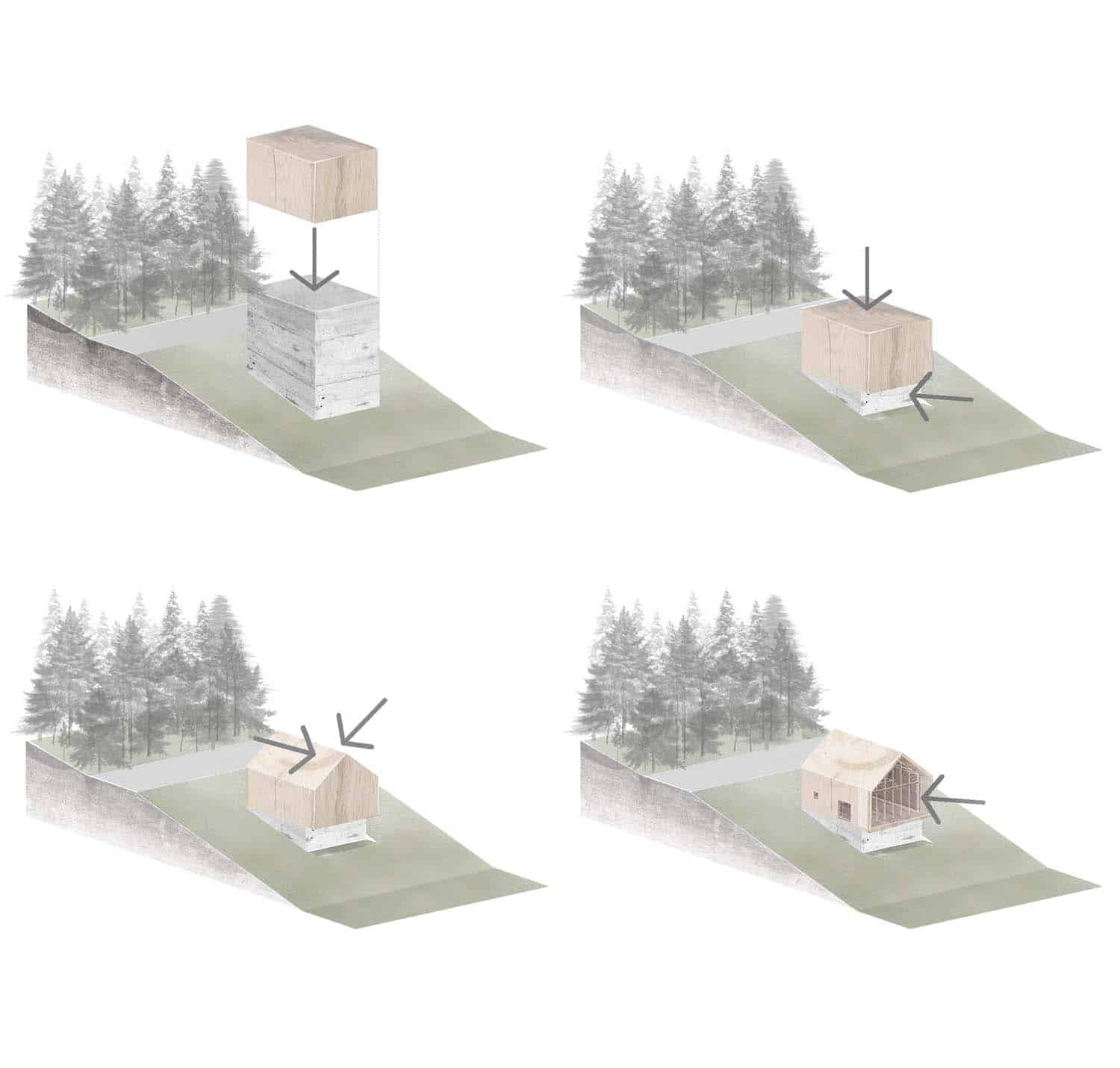 Interno camera da letto minimalista con letto in legno e cemento a vista