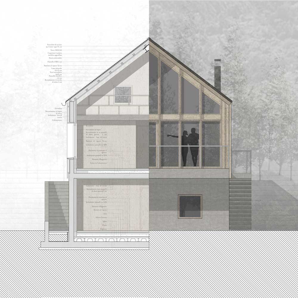 Dettaglio angolo della casa con rivestimento in legno e infisso