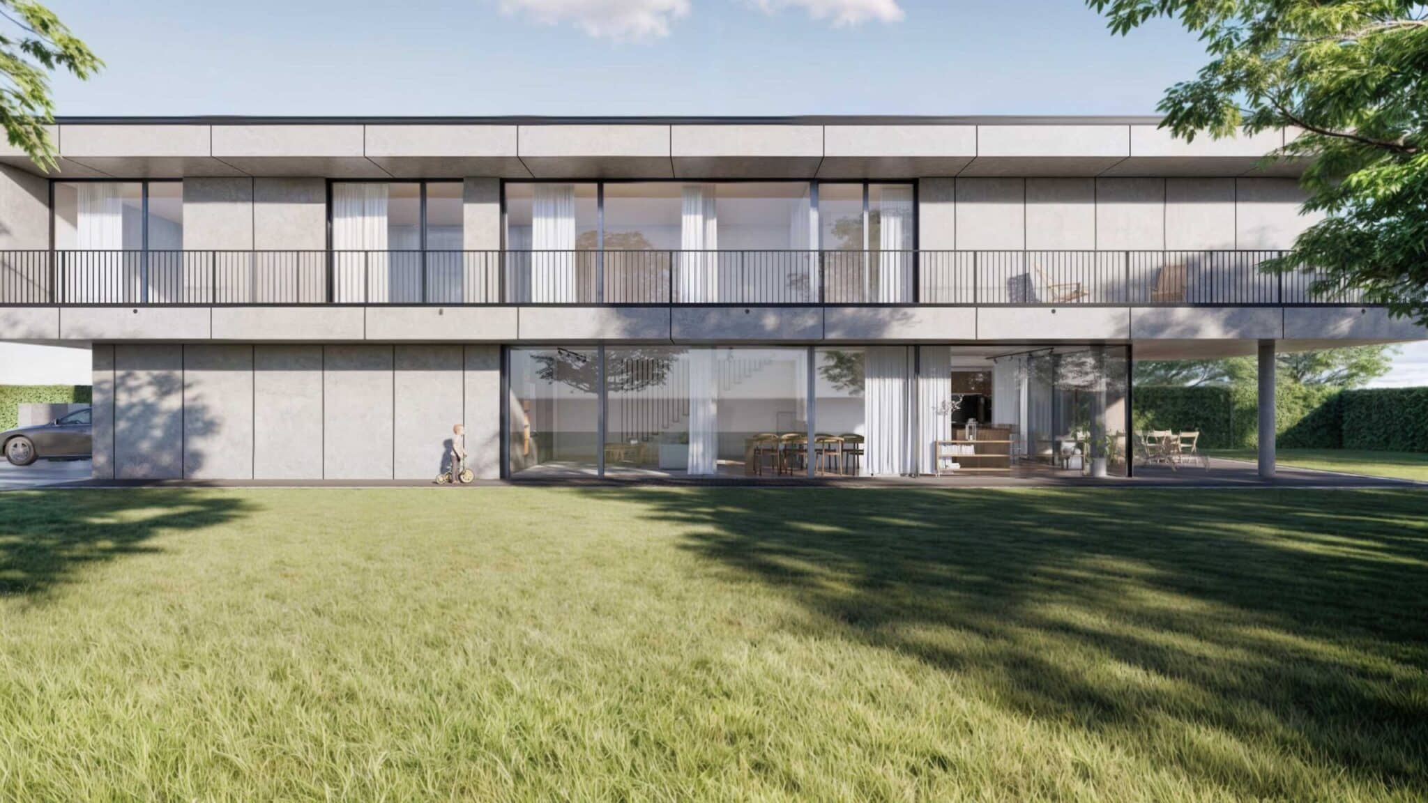 Render esterno Villa Razionalista con giardino e illuminazione serale