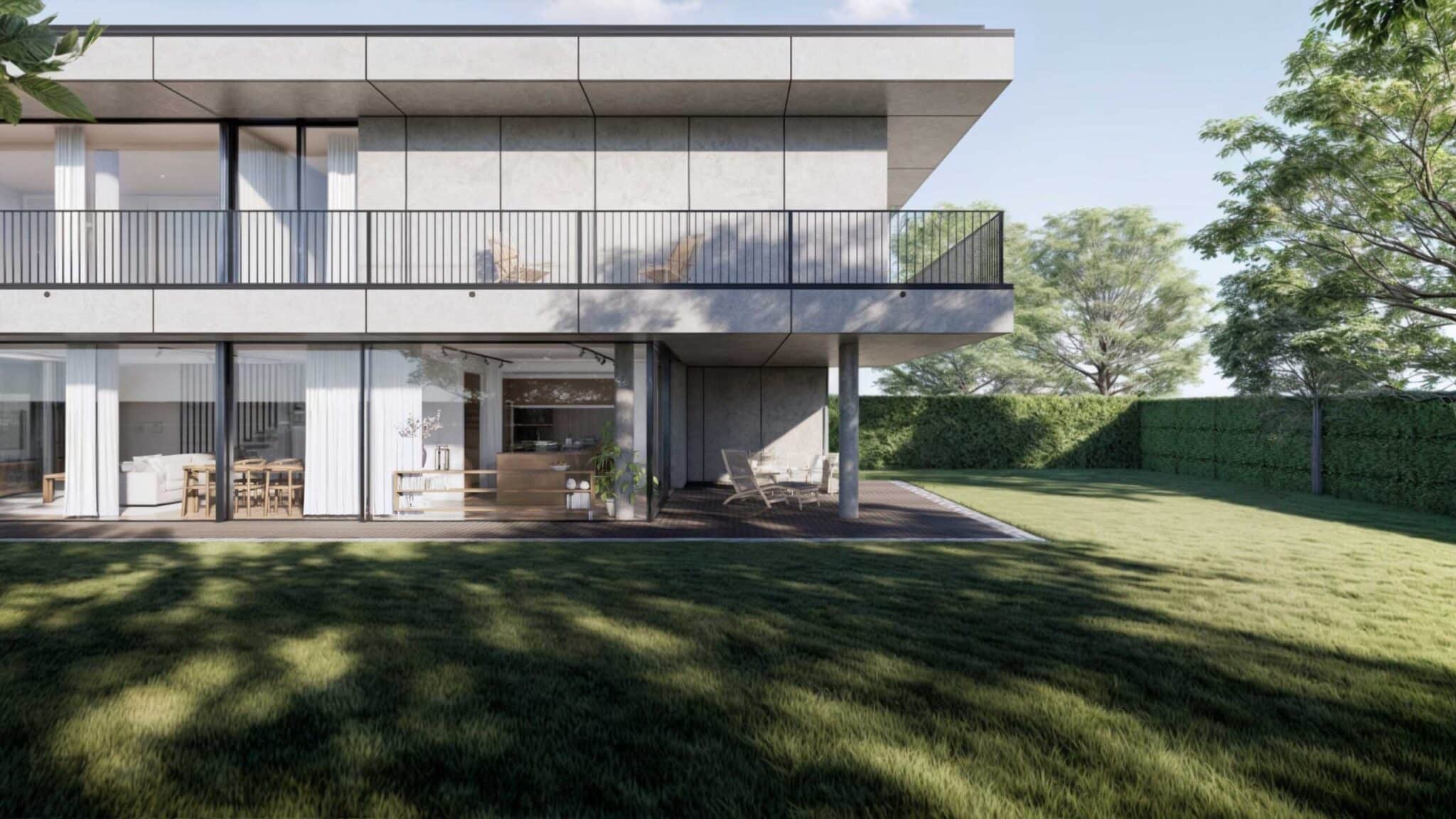 Vista prospettica del render della Villa Razionalista a Padova