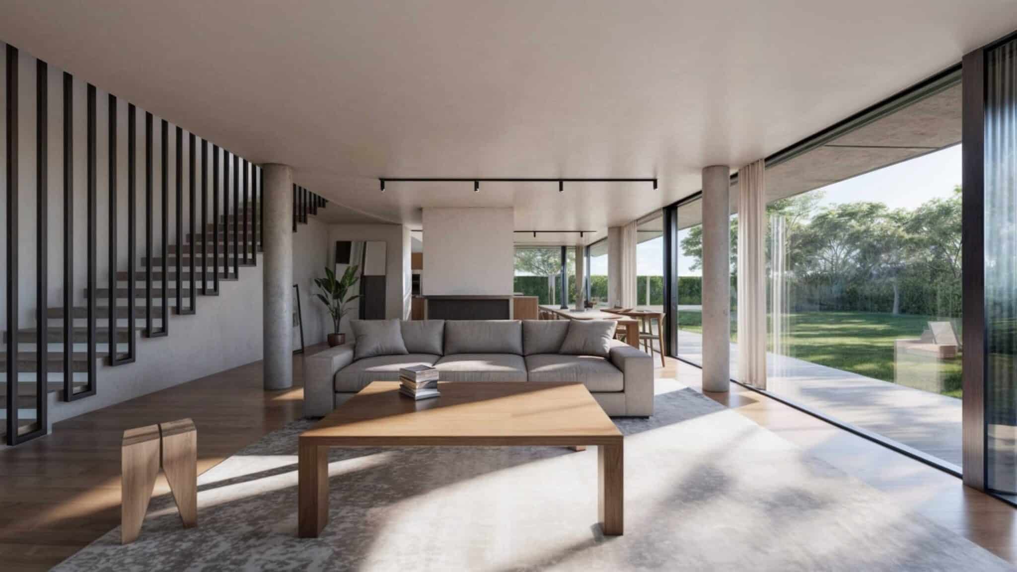 Render facciata principale Villa Razionalista con ampie vetrate