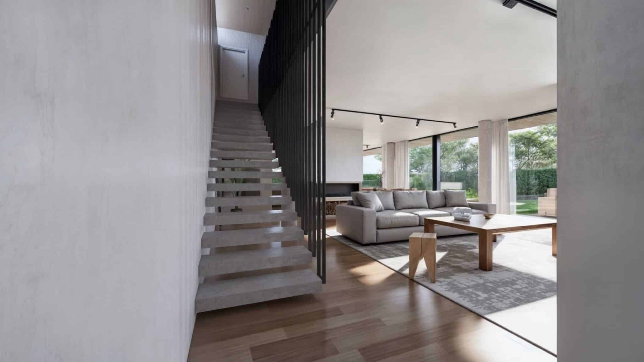 Vista laterale del render della villa in cemento prefabbricato